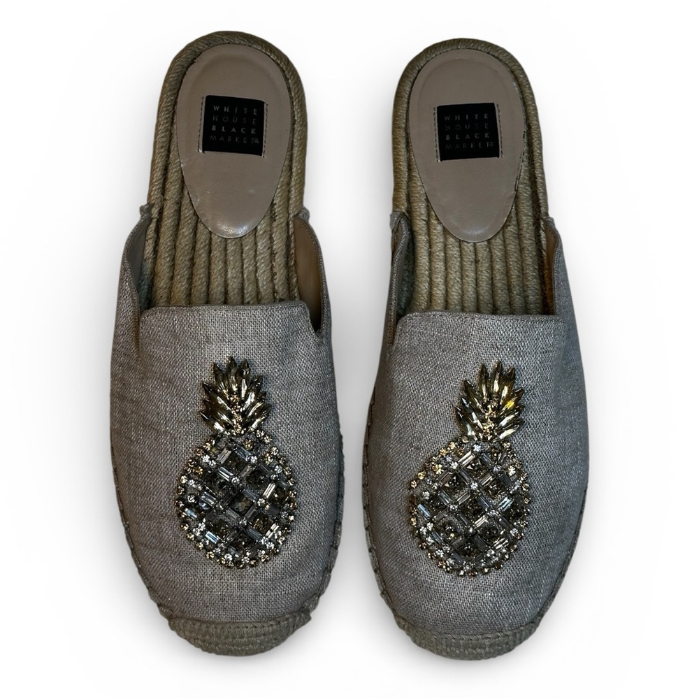 White House Black Market heathered beige Pineapple Embellished Mules
